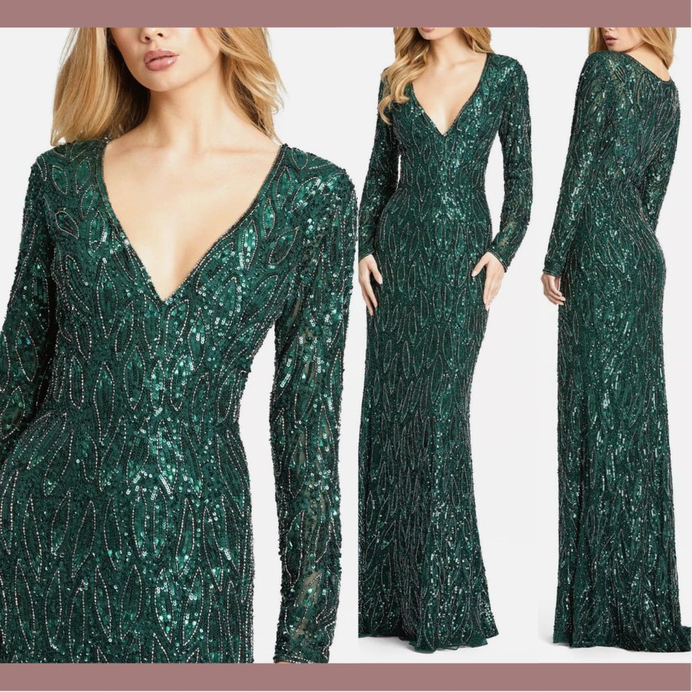 NWT $598 Mac Duggal [ 18 ] Long Sleeve Beaded V-Neck Gown in Forest Green‎